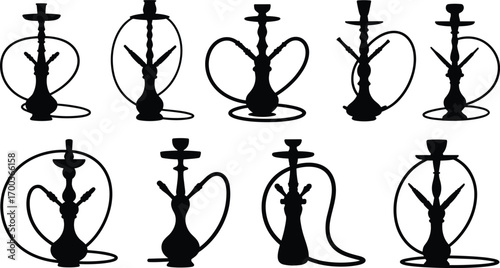 Hookah silhouette vector illustration, shisha smoking device icons, traditional waterpipe collection, black hookah shapes, tobacco smoking concept art
