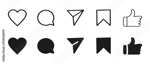 Set of generic social media user interface icons. Like, comment, share and save icons. Social media flat icons. Vector, flat outline icon isolated on white, 