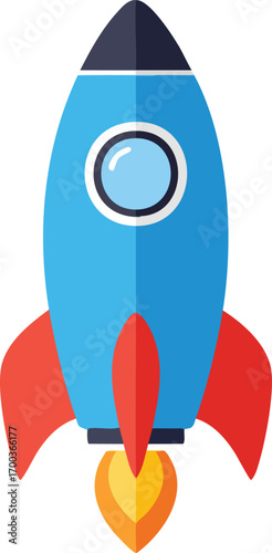 Colorful cartoon rocket ship taking off against a white background