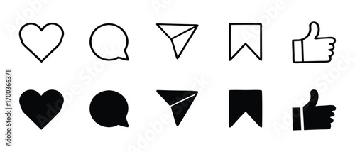 Set of generic social media user interface icons. Like, comment, share and save icons. Social media flat icons. Vector, flat outline icon isolated on white, 