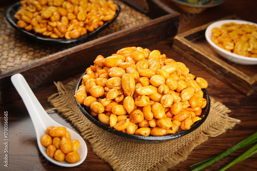 Crispy Deep-Fried Salted Peanuts and Spicy Nuts Ready-to-Eat Snack Kernels in Bowls