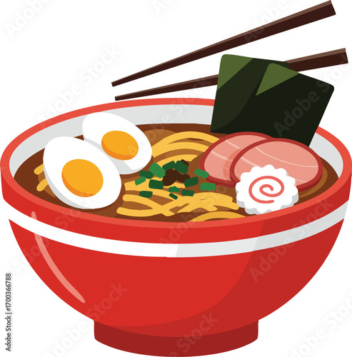 Bowl of delicious ramen soup with egg and pork, close-up illustration