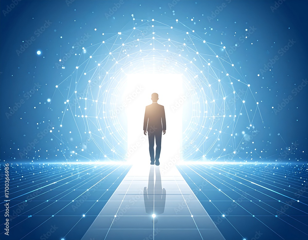 Obraz premium A person walks towards a bright future, a digital pathway leading to opportunities.