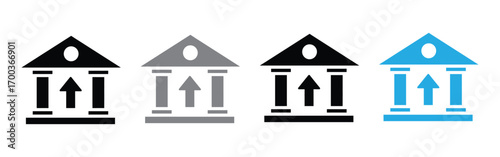 Vector art of a quartet of bank icons, each distinguished by its unique color palette, symbolizing financial growth and stability in a modern context