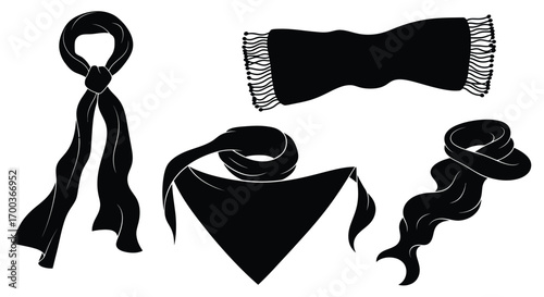 Collection of black scarves tied in different stylish ways for fashion and accessory design vector