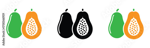 Illustration of papayas, showcasing three pairs with varying colors green and orange, black, and green and orange, representing tropical fruit and healthy eating