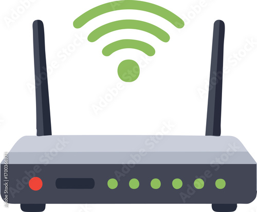 Modern router with antennas showing wifi signal on white background