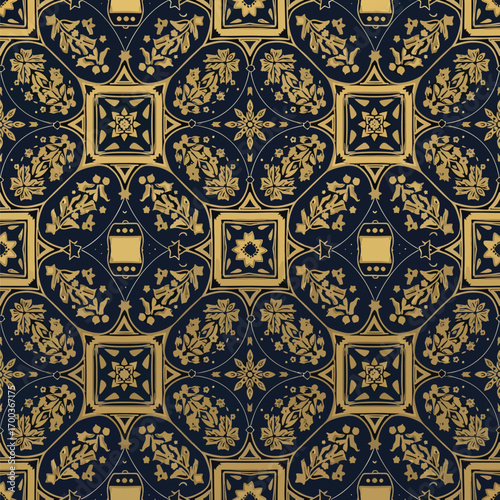 Ornamental pattern featuring gold floral and geometric designs on navy backdrop, seamless pattern, royalty free stock.