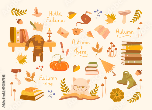 Cozy autumn set with a cat in glasses and books, a cat on a bookshelf, leaves, a teapot, rain boots. Perfect for posters, stickers, planners, stationery, social media