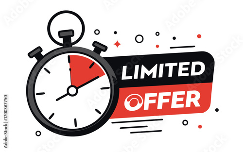Last minute limited offer with clock for sale promo, button, logo or banner or red background. Hurry up sale label with time countdown for limited offer sale or exclusive deal. Special offer badge