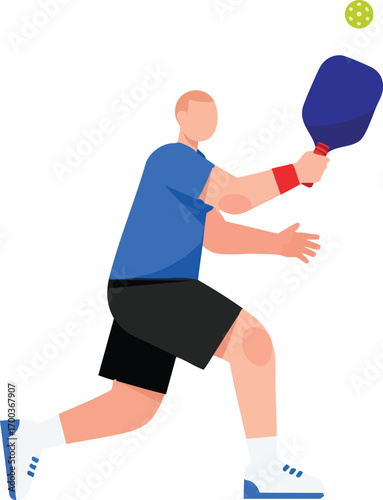 Cartoon man playing pickleball with paddle and ball. Vector illustration for concepts related to modern sports, outdoor activities, healthy lifestyle, or recreational fitness