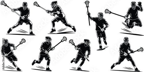 Lacrosse player silhouettes in action, dynamic lacrosse sport poses, male lacrosse athletes running, passing, shooting, wearing protective gear, helmet and gloves, black and white lacrosse vecto