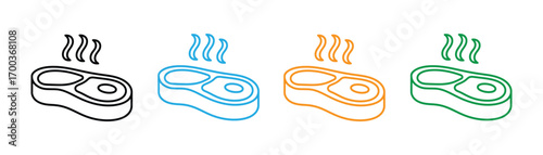 Illustration of a steak with steam rising, , representing food, cooking, and dining, showcasing different color variations of the same design
