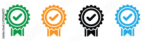 Illustration of a quality badge with a checkmark, , symbolizing approval, certification, and guarantee, showcasing different color variations