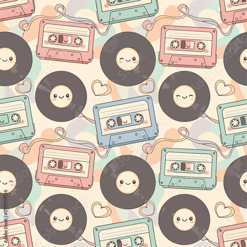 Nostalgic Kawaii Pattern featuring Cassette Tapes and Vinyl Records Repeating, patern seamless, Stock royalty image.