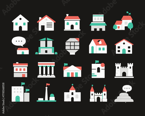  A versatile collection of vector illustrations featuring various architectural types, including houses, castles, and historical structures.