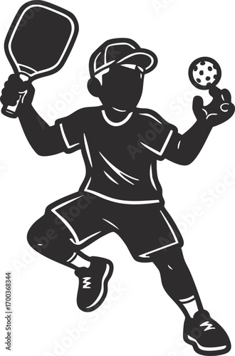 Cartoon man playing pickleball with paddle and ball. Vector illustration for concepts related to modern sports, outdoor activities, healthy lifestyle, or recreational fitness