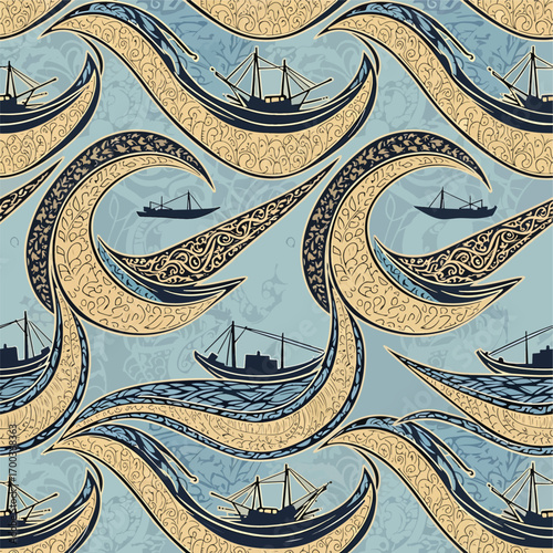 Nautical wave pattern with fishing boats in stylized illustration artwork, patern seamless, Stock royalty.