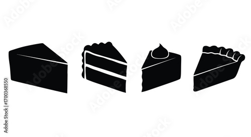 Four slices of delicious cake assortment silhouette collection on white vector