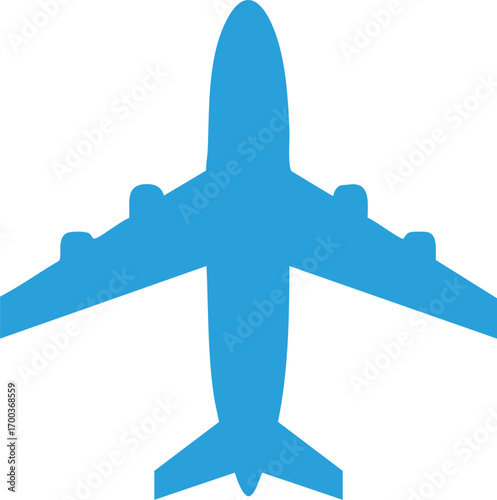 Airplane symbol on white, blue commercial airliner icon, travel concept