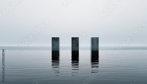 Calm water, three vertical gray pillars