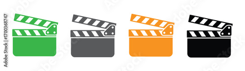 Vector art of a vibrant collection of four clapperboard icons, each rendered in a distinct color green, gray, orange, and black, offering a diverse palette for creative projects