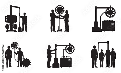 Vintage industrial silhouettes people working with machinery and gears historical technology icons
