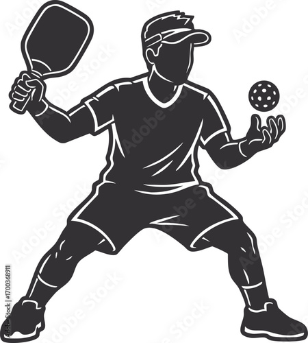 Cartoon man playing pickleball with paddle and ball. Vector illustration for concepts related to modern sports, outdoor activities, healthy lifestyle, or recreational fitness