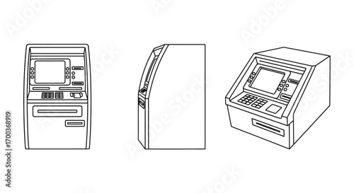 Three views of an automated teller machine featuring screen card slot and keypad line art vector