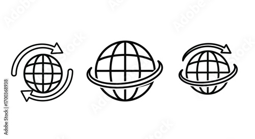Three globe icons showing global network and connectivity with arrows symbolizing circulation vector