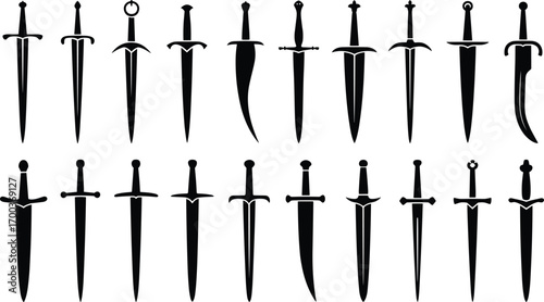 Medieval sword silhouettes collection, ancient weapon designs, different sword shapes, black vector icons, historical blades, weapon set isolated on white background