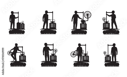 Collection of silhouette figures operating industrial machinery and equipment for manufacturing processes