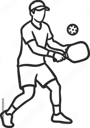 Cartoon man playing pickleball with paddle and ball. Vector illustration for concepts related to modern sports, outdoor activities, healthy lifestyle, or recreational fitness
