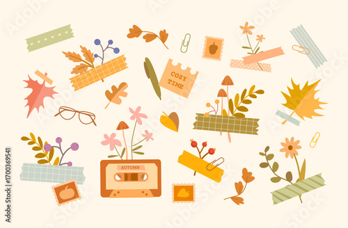 Cute autumn clipart set with cozy elements such as leaves, flowers, berries, cassette tape, glasses, mushrooms, and decorative washi tapes. Perfect for seasonal stationery, scrapbooking, sticker