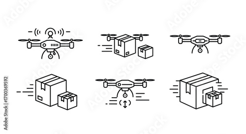 Modern drone delivery icons set showing package transportation and logistics innovations vector