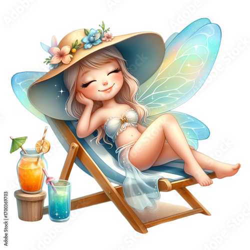 Fantasy art illustration of a little girl sitting on a swing with butterfly wings and a flower dress