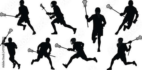 Lacrosse player silhouettes in action, dynamic lacrosse sport poses, male lacrosse athletes running, passing, shooting, wearing protective gear, helmet and gloves, black and white lacrosse vector,