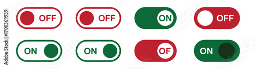 A collection of on and off switch illustrations, each with a clear indication of its state, ideal for use in user interfaces and control panel designs.