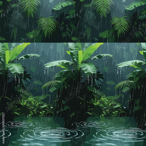 Lush green rainforest scene featuring heavy rainfall and water ripples vector art, patern seamless, Stock royalty.