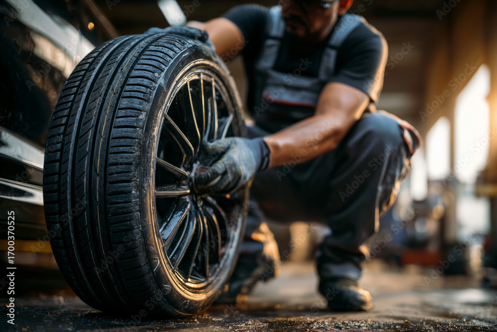 Obraz premium Expert mechanic changing tire in automotive workshop during golden hour