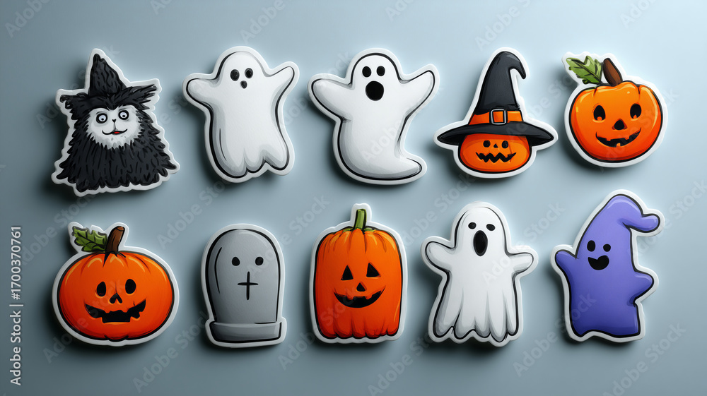 Naklejka premium Colorful retro Halloween stickers featuring playful ghosts and pumpkins