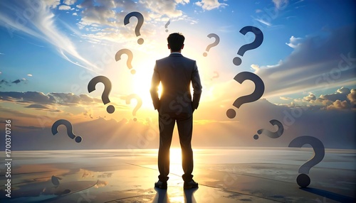 A contemplative figure stands at sunrise, surrounded by numerous question marks, symbolizing introspection and uncertainty.