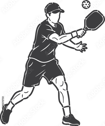 Cartoon man playing pickleball with paddle and ball. Vector illustration for concepts related to modern sports, outdoor activities, healthy lifestyle, or recreational fitness