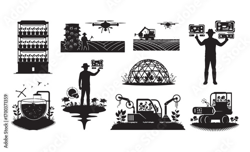 Set of agriculture and farming technology icons and silhouettes