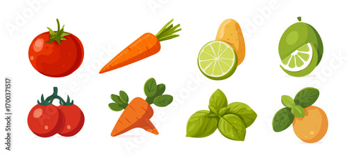 Set of flat vector icons featuring tropical vegetables: tomato, cherry, carrots, basil, lime. Minimalist 2D illustration, clean modern design, isolated on white background, perfect for digital