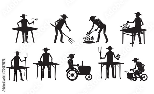 Farm life silhouettes featuring farmers engaged in various agricultural activities and with machinery