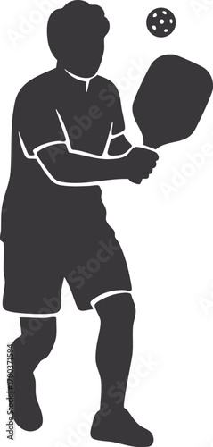 Cartoon man playing pickleball with paddle and ball. Vector illustration for concepts related to modern sports, outdoor activities, healthy lifestyle, or recreational fitness