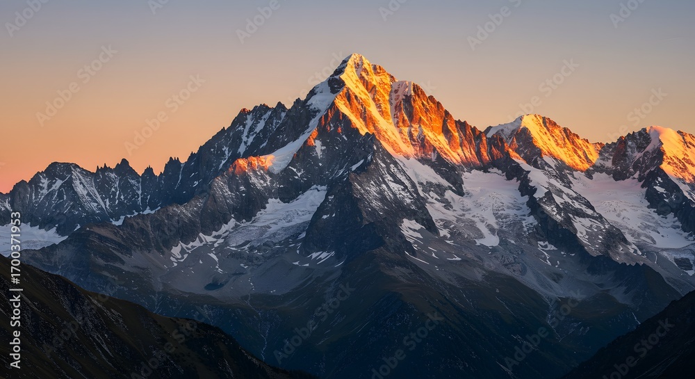 Obraz premium Majestic Mountain Range Sunrise with Golden Light and Dramatic Clouds