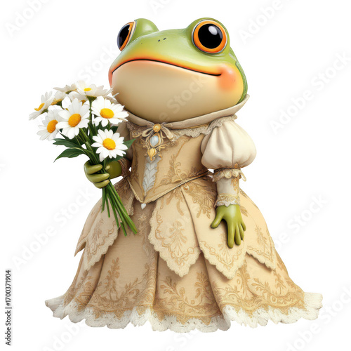 Elegant Frog in Ornate Gown Holding a Bouquet of Daisies.