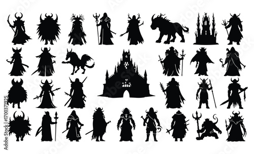 Fantasy dark silhouette creatures characters castle for game design and storytelling